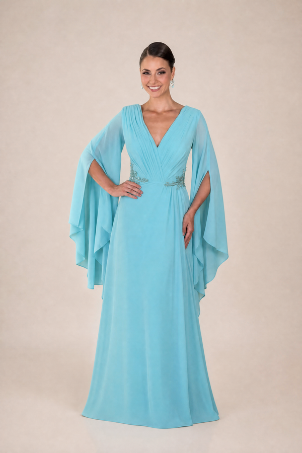 Vestido Azul Tiffany em Crepe com Toque de Seda, Decote V e Mangas Flare