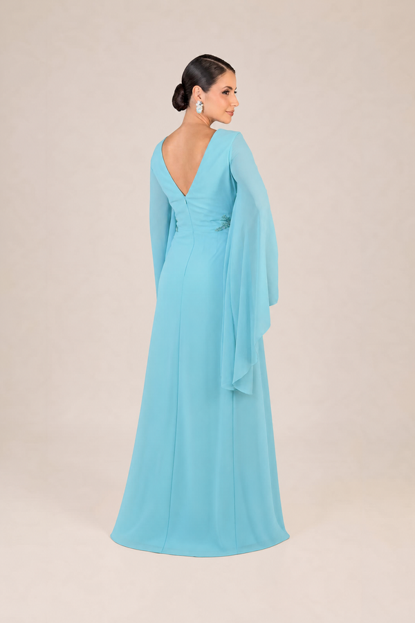 Vestido Azul Tiffany em Crepe com Toque de Seda, Decote V e Mangas Flare