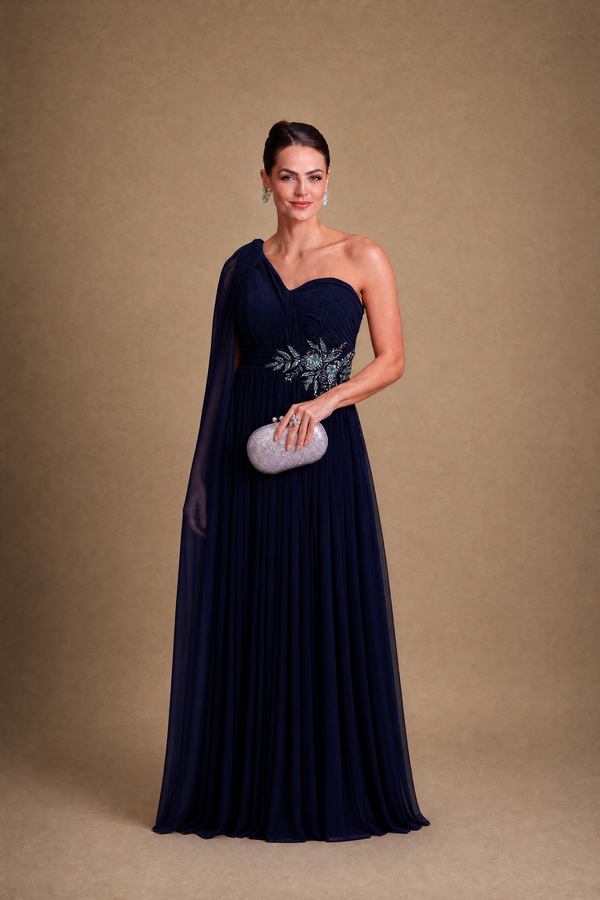 Vestido Azul-Marinho em Tule Hidratado de Um Ombro com Cintura Bordada