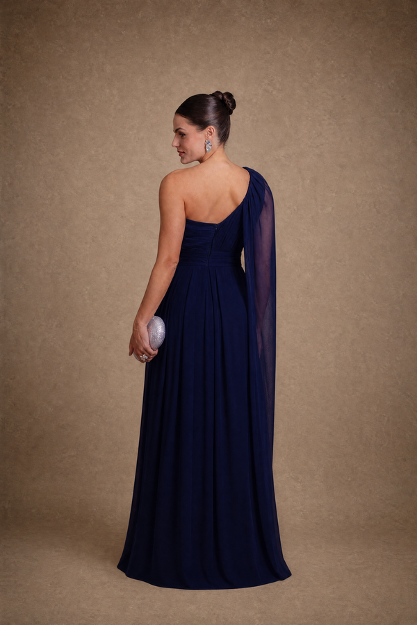 Vestido Azul-Marinho em Tule Hidratado de Um Ombro com Cintura Bordada