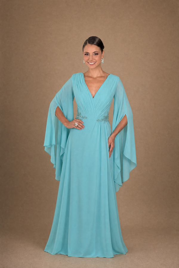 Vestido Azul Tiffany em Crepe com Toque de Seda, Decote V e Mangas Flare