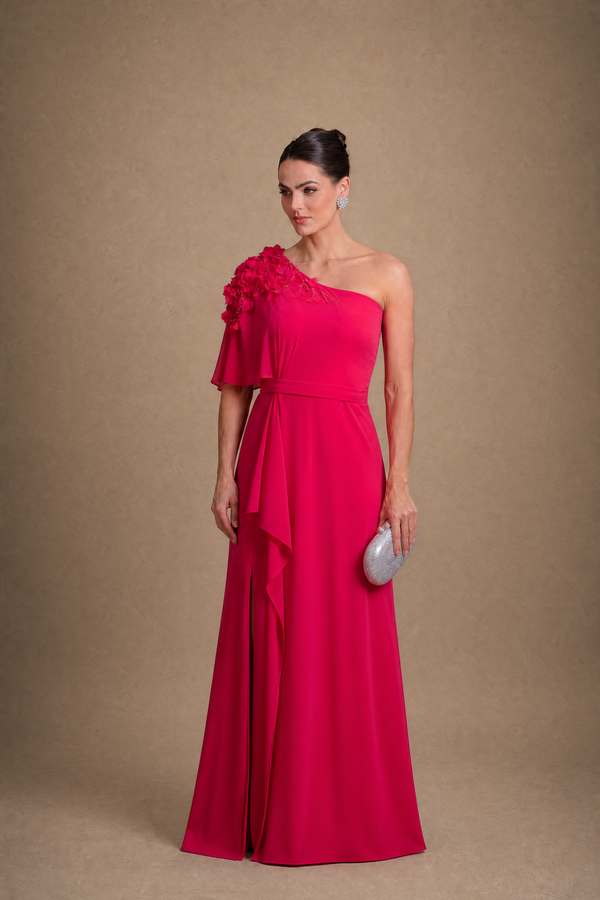 Vestido Vermelho de Um Ombro com Flores Bordadas e Babado Lateral