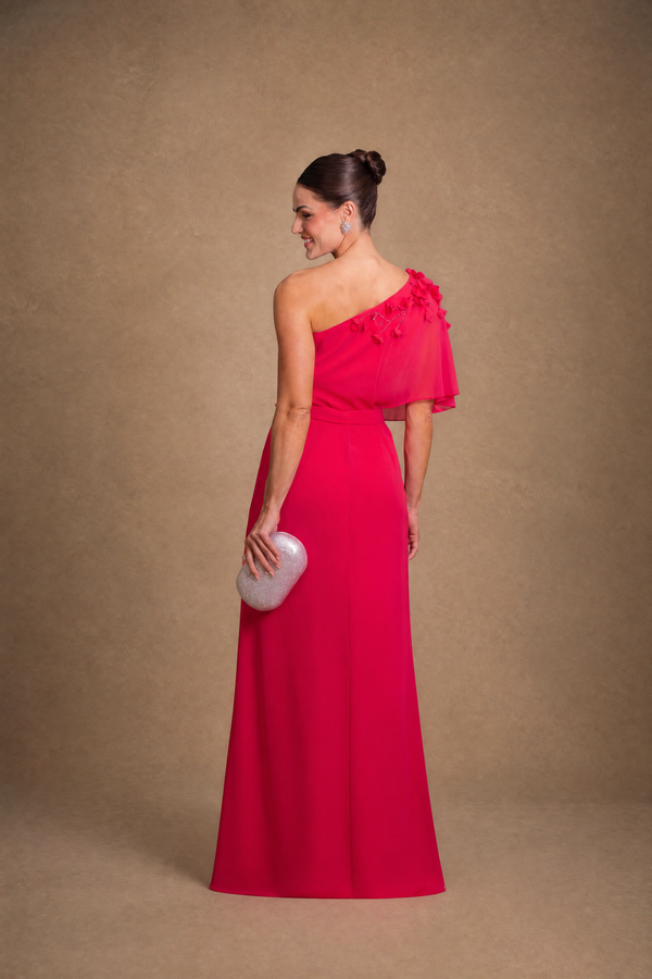 Vestido Vermelho de Um Ombro com Flores Bordadas e Babado Lateral