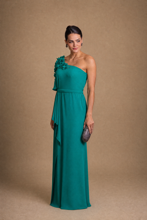 Vestido Verde Esmeralda de Um Ombro com Flores Bordadas e Babado Lateral