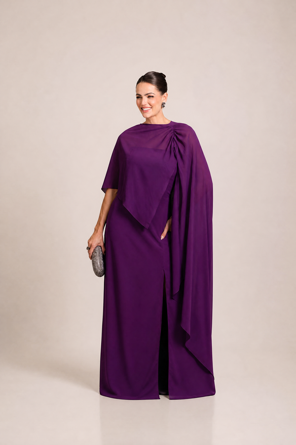 Vestido Roxo em Crepe com Toque de Seda, Tomara que Caia e Capa Removível