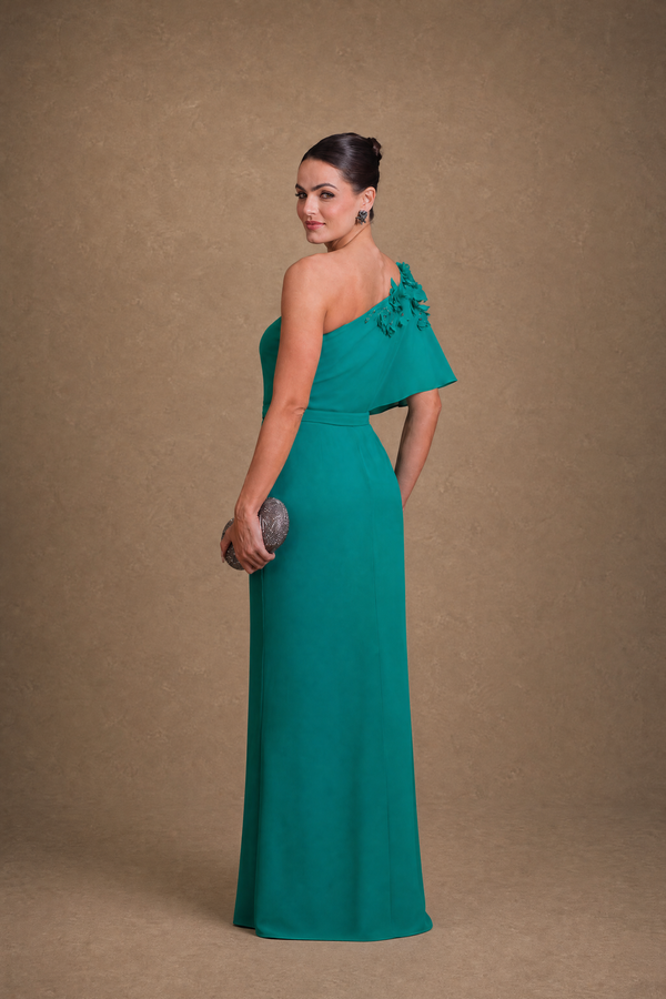 Vestido Verde Esmeralda de Um Ombro com Flores Bordadas e Babado Lateral