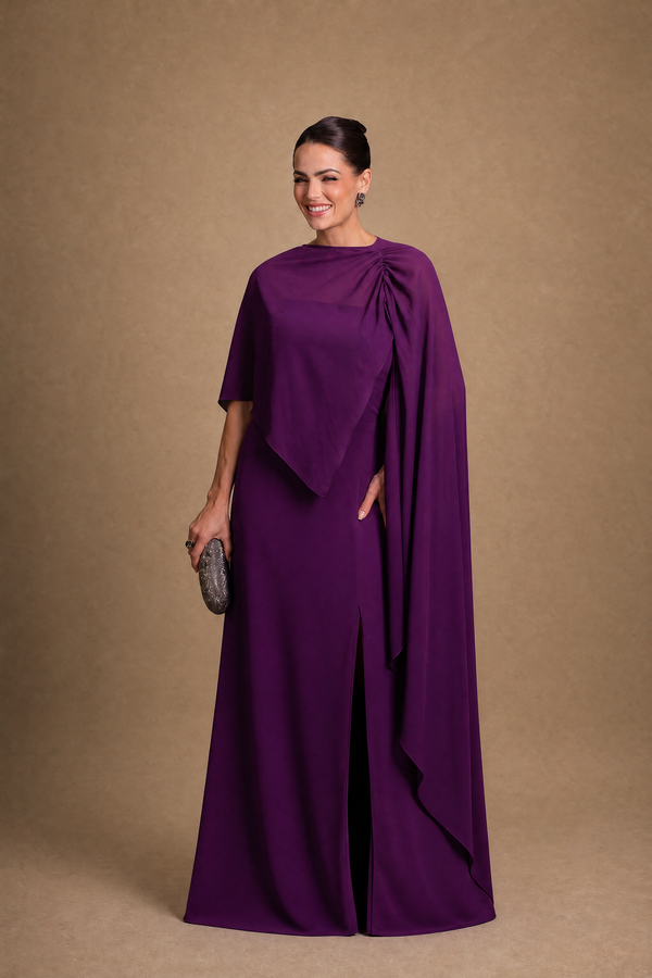 Vestido Roxo em Crepe com Toque de Seda, Tomara que Caia e Capa Removível