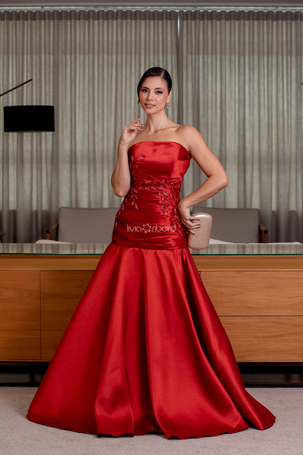 Vestido tomara que caia em zibeline corpo sereia bordado e saia evasê ( DISPONÍVEL EM 30 DIAS ÚTEIS)