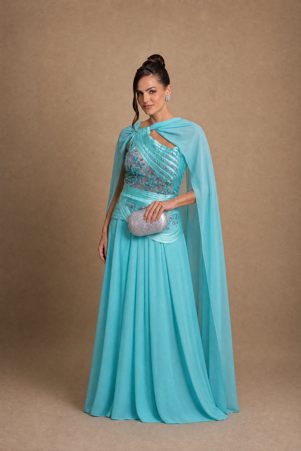 Vestido Azul Tiffany de Um Ombro com Corpo Bordado e Capa