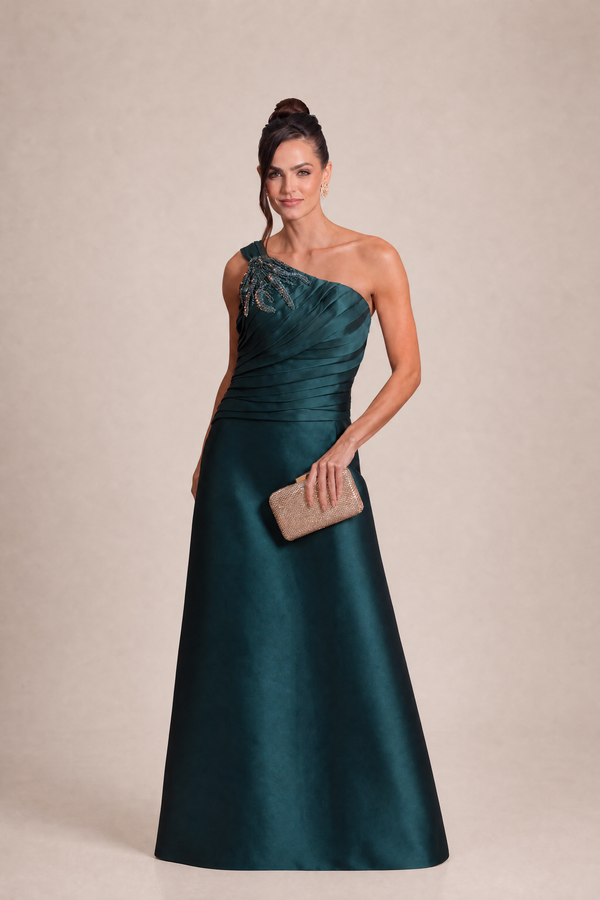 Vestido Verde Petróleo em Zibeline de Um Ombro com Aplicação Bordada