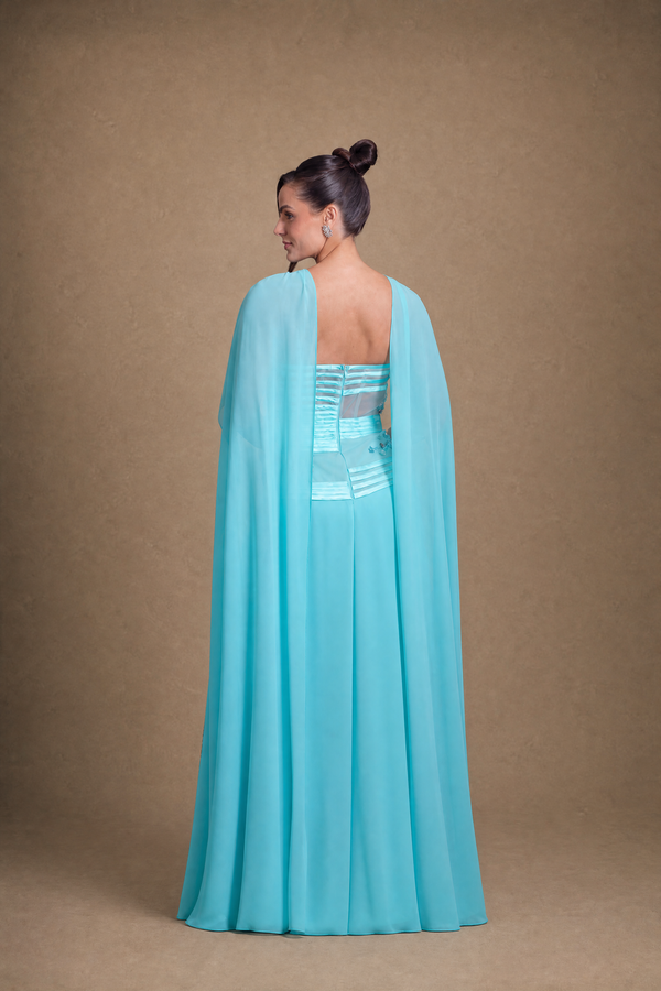 Vestido Azul Tiffany de Um Ombro com Corpo Bordado e Capa
