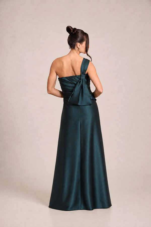 Vestido Verde Petróleo em Zibeline de Um Ombro com Aplicação Bordada