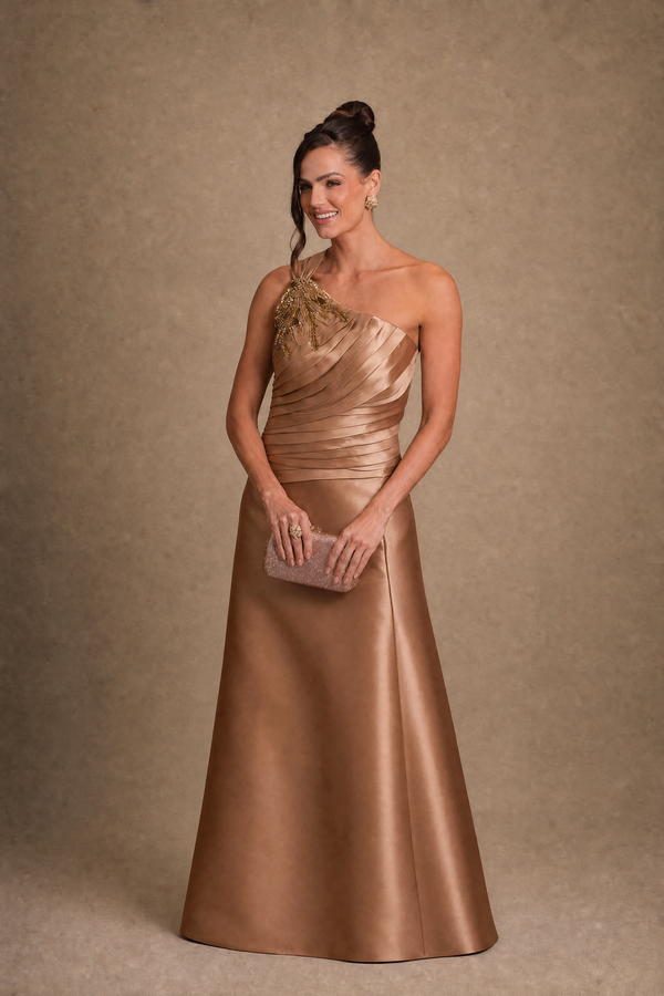 Vestido Champanhe em Zibeline de Um Ombro com Aplicação Bordada