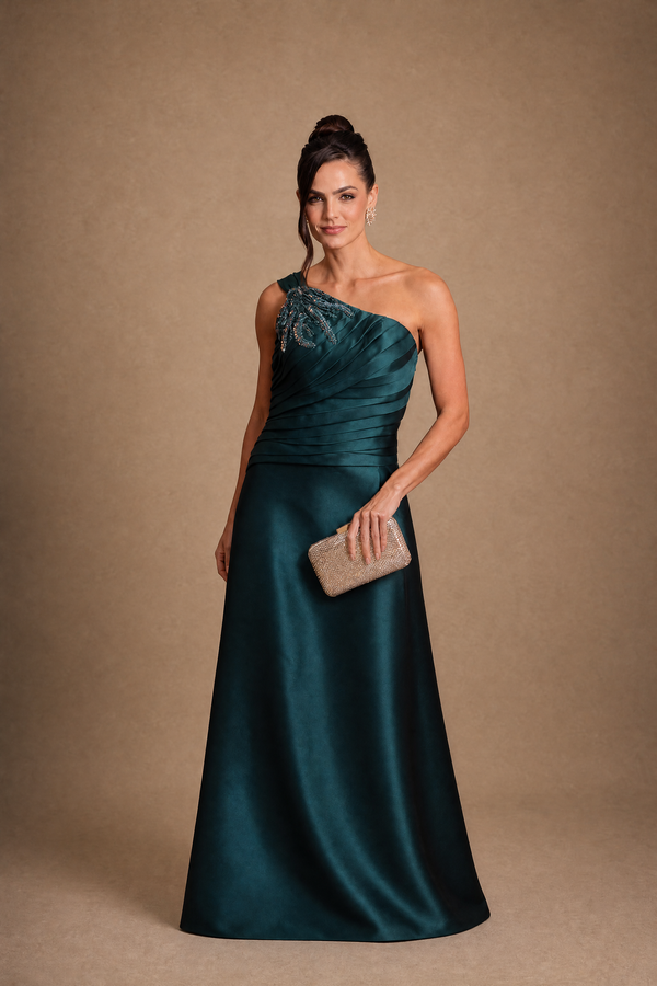 Vestido Verde Petróleo em Zibeline de Um Ombro com Aplicação Bordada
