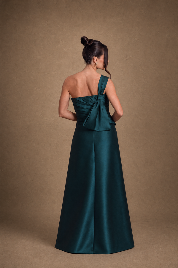 Vestido Verde Petróleo em Zibeline de Um Ombro com Aplicação Bordada