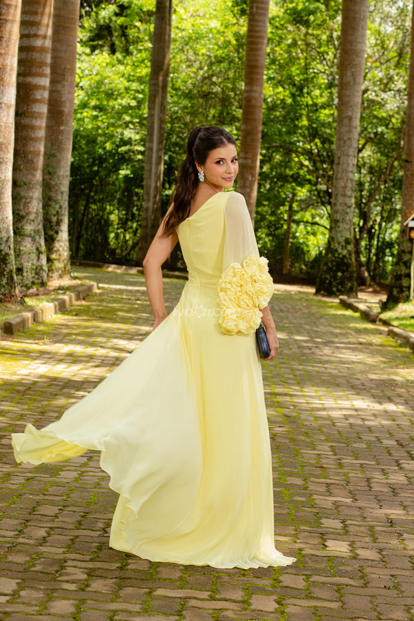 Vestido longo um ombro com manga flare e babados na ponta | Lívia Ribeiro