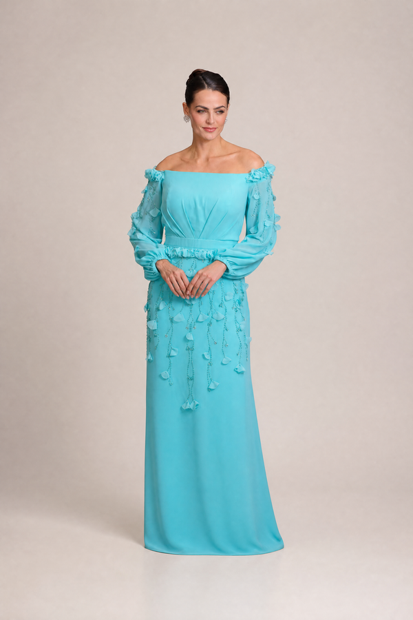 Vestido Azul Tiffany Ombro a Ombro com Flores, Pedrarias e Mangas Longas