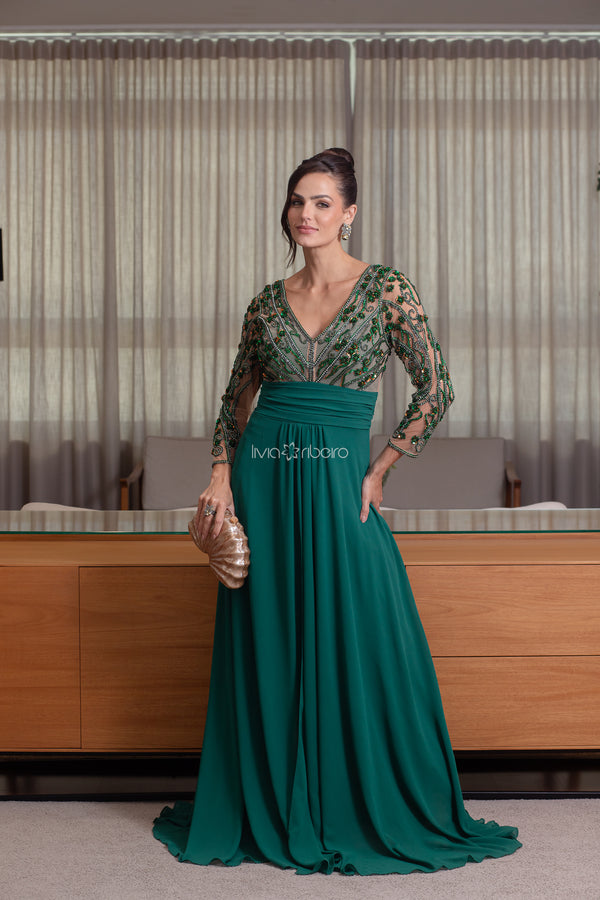Vestido Lívia Ribeiro manga 3/4 corpete em tule todo bordado (Disponível em 30 dias úteis)