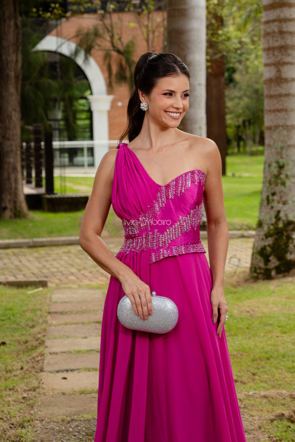 Vestido um ombro bordado raios busto e cintura | Lívia Ribeiro