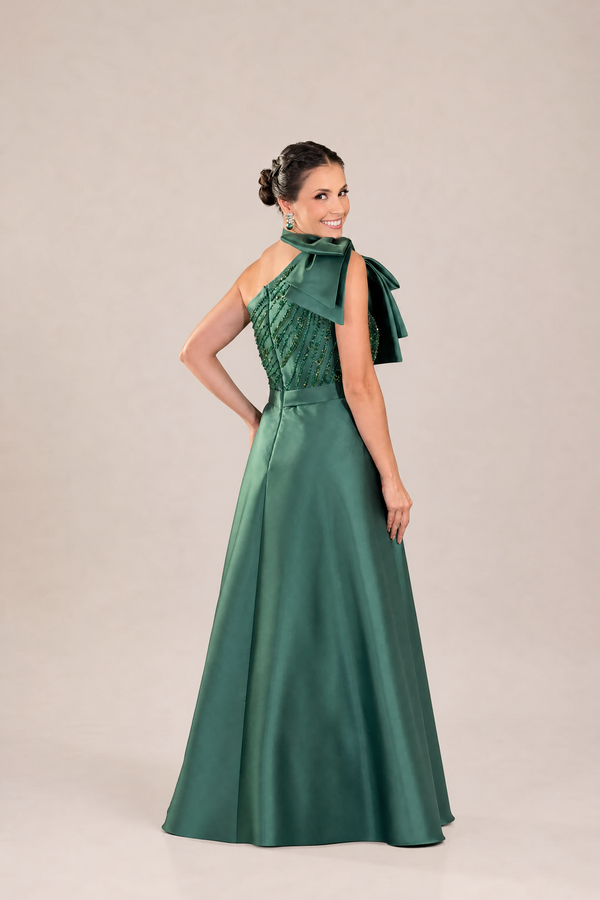 Vestido Verde Esmeralda em Zibeline Sereia com Laço e Sobreposição