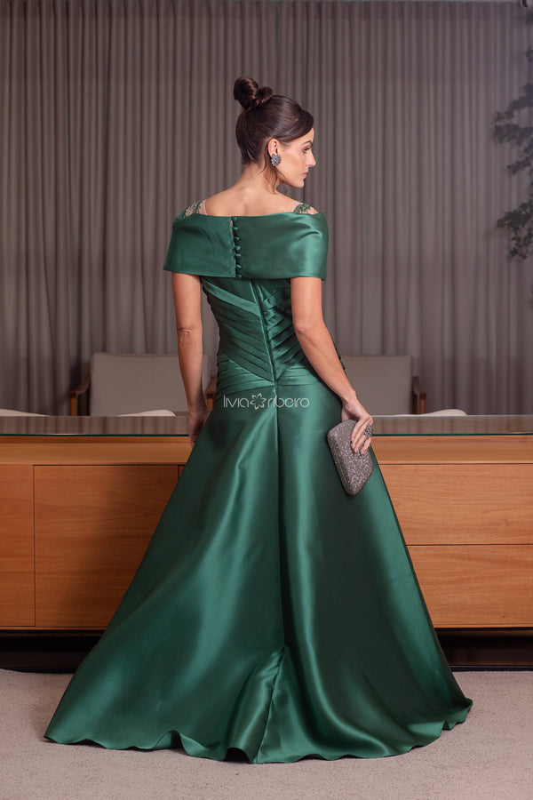 Vestido em zibeline com sobreposição de saia ombro a ombro bordado