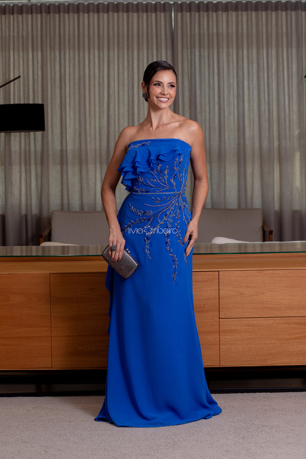 Vestido tomara que caia em crepe com bordado e jabour