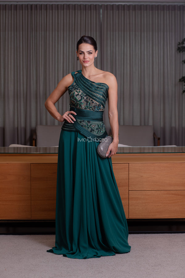 Vestido um ombro  corpo fitado com bordado e capa  | Lívia Ribeiro