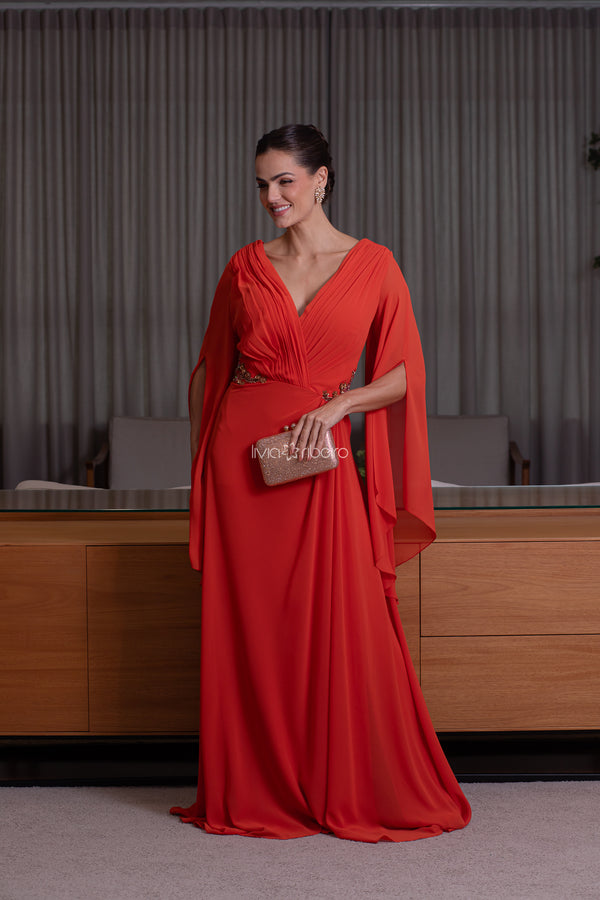 Vestido decote V bordado lateral cintura e manga flare