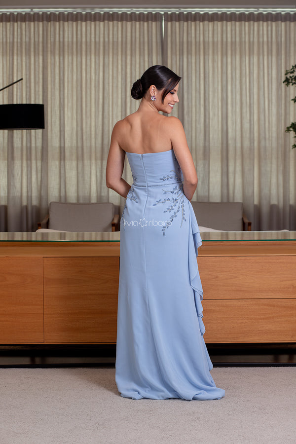 Vestido tomara que caia em crepe com bordado e jabour