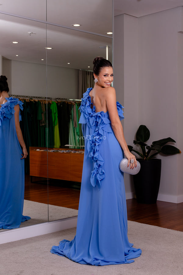 Vestido Lívia Ribeiro um ombro com capa flores frente e costas