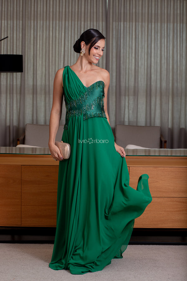 Vestido um ombro bordado raios busto e cintura | Lívia Ribeiro