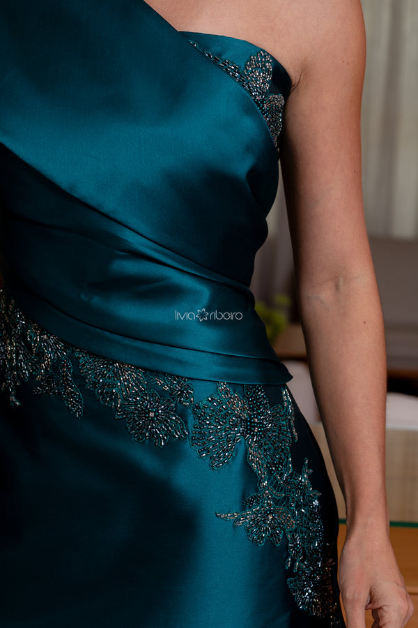 Vestido Verde Petróleo em Zibeline de Um Ombro com Bordado