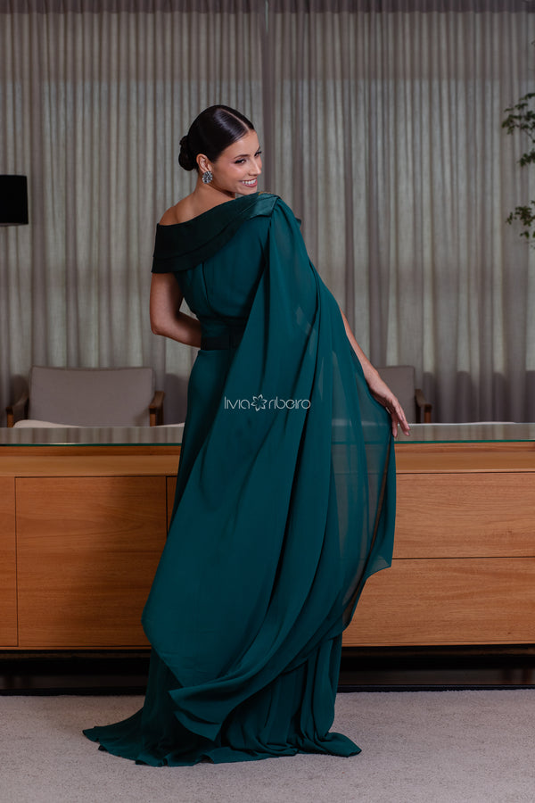 Vestido longo um ombro em crepe de seda com detalhe em zibeline e bordado | Lívia Ribeiro