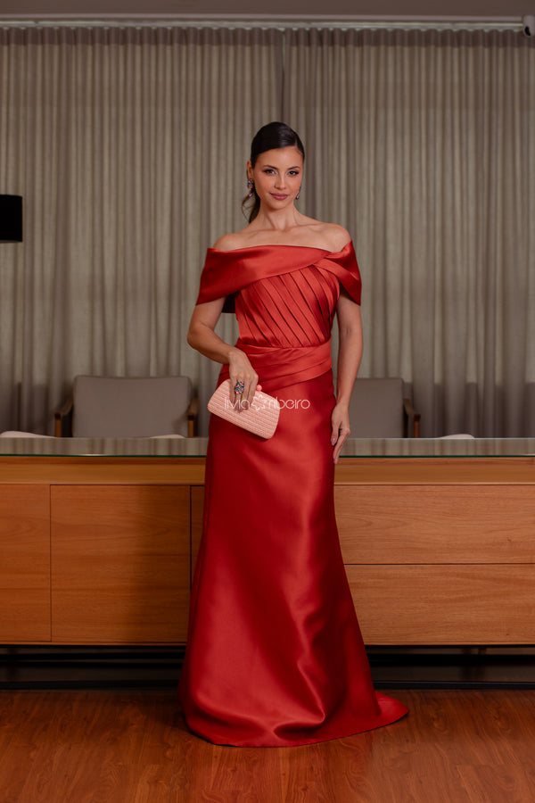 Vestido Lívia Ribeiro ombro a ombro em alfaiataria sereia drapeado busto