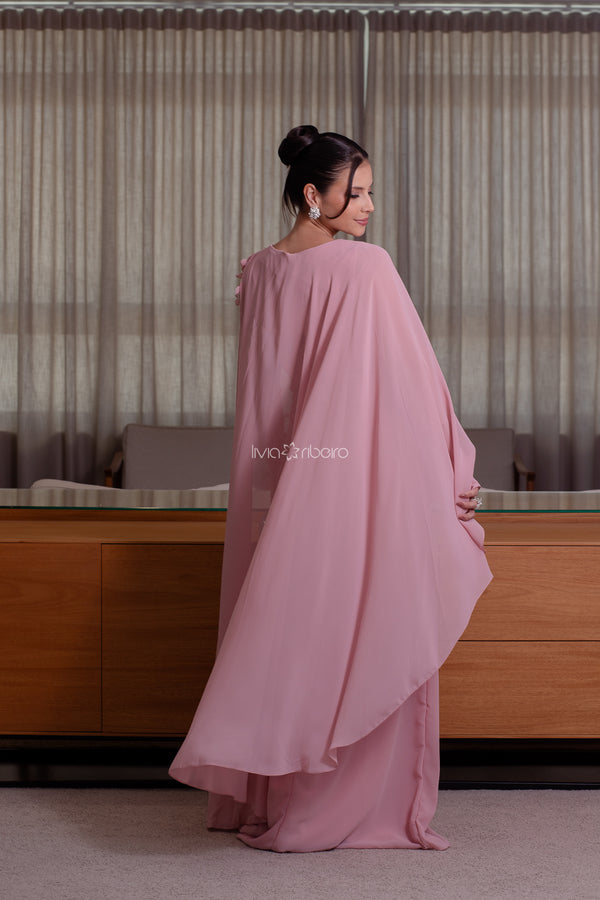 Vestido Rosé  longo com capa e manga em tule  7/8 com bordado  | Lívia Ribeiro