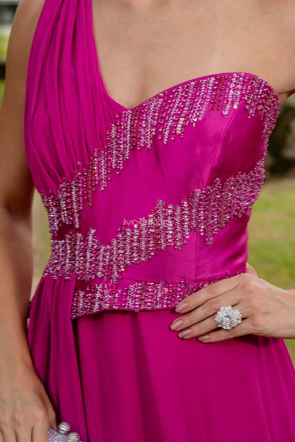 Vestido um ombro bordado raios busto e cintura | Lívia Ribeiro