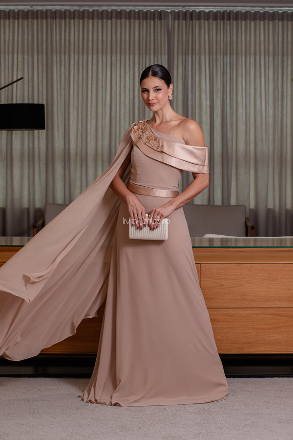 Vestido longo um ombro em crepe de seda com detalhe em zibeline e bordado | Lívia Ribeiro