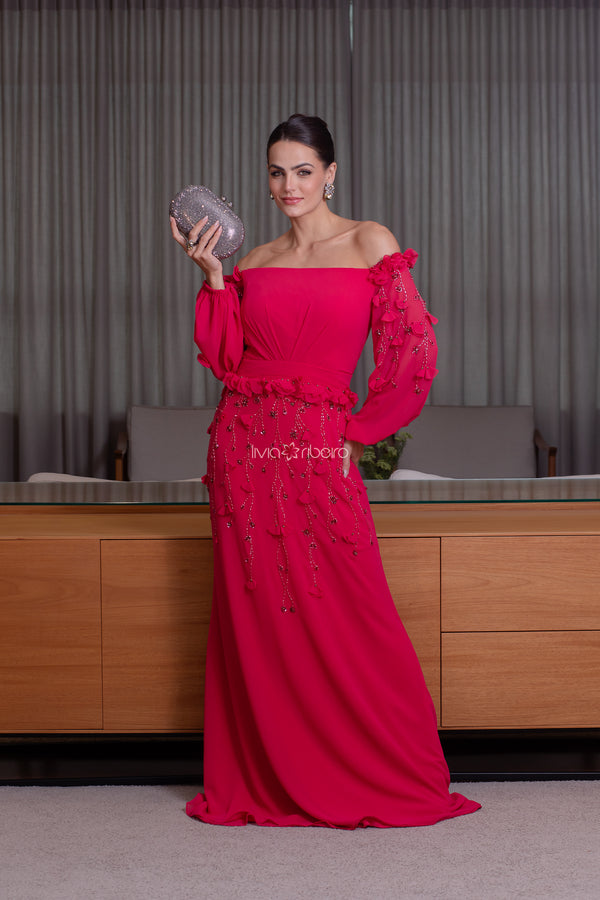 Vestido longo ombro a ombro  amarelo com bordado em pétalas e pedraria