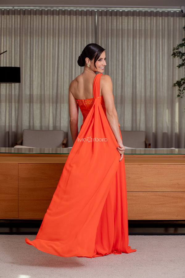 Vestido um ombro bordado raios busto e cintura | Lívia Ribeiro