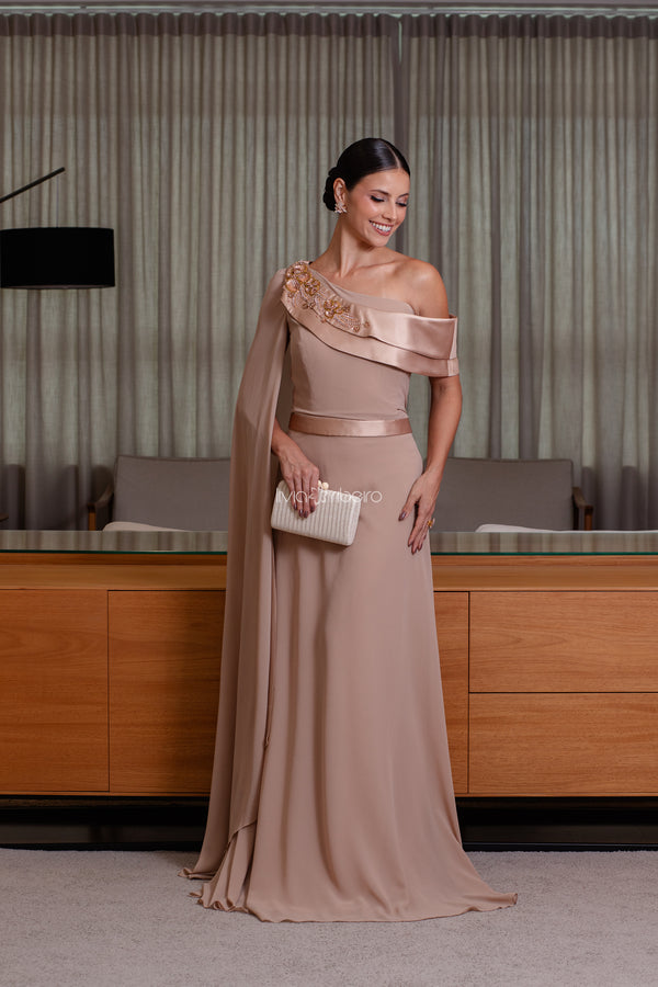 Vestido longo um ombro em crepe de seda com detalhe em zibeline e bordado | Lívia Ribeiro