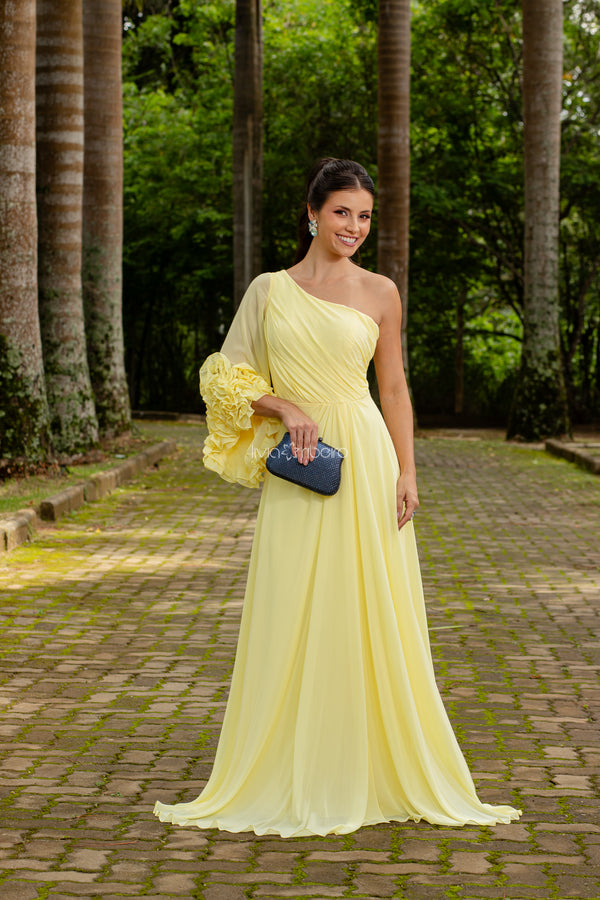 Vestido longo um ombro com manga flare e babados na ponta | Lívia Ribeiro
