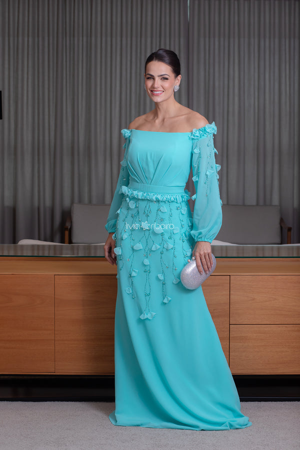 Vestido longo ombro a ombro  amarelo com bordado em pétalas e pedraria