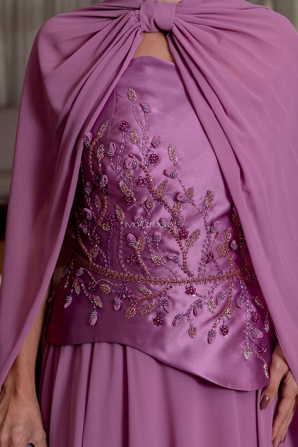 Vestido corset corpo em zibeline e saia em crepe de seda