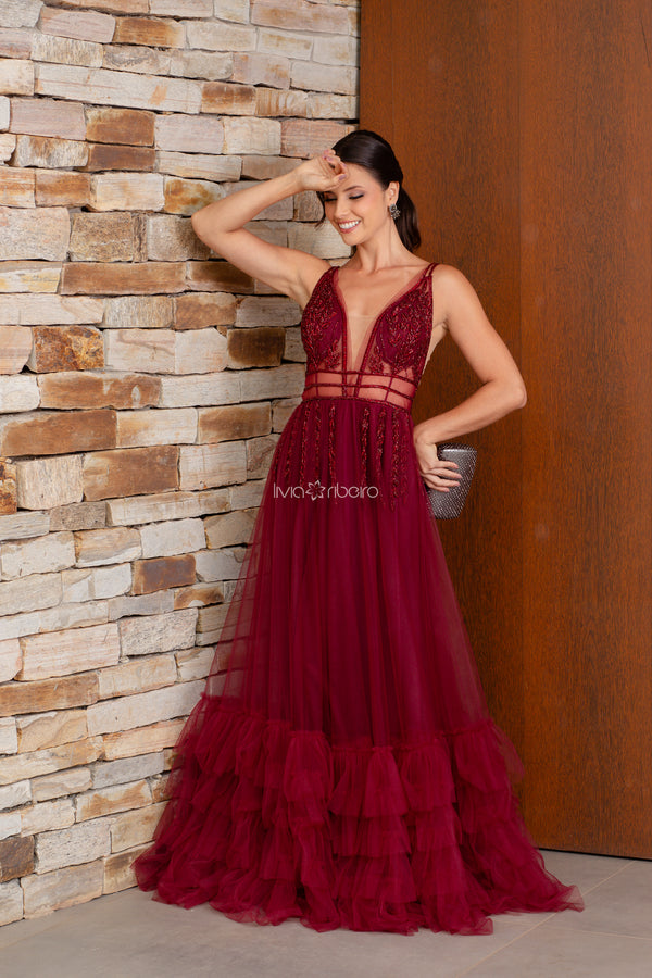 Vestido em tule francês com busto bordado e babados na barra | Lívia Ribeiro