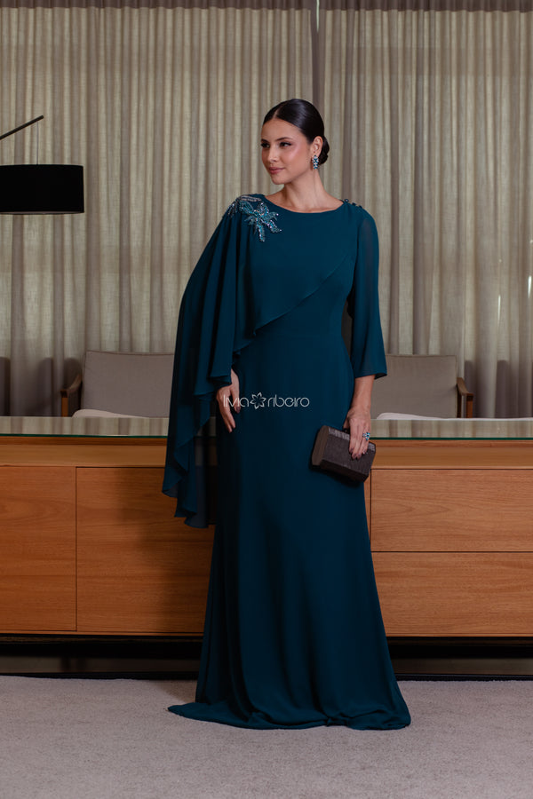 Vestido longo com capa lateral e manga 7/8 em crepe de seda | Lívia Ribeiro