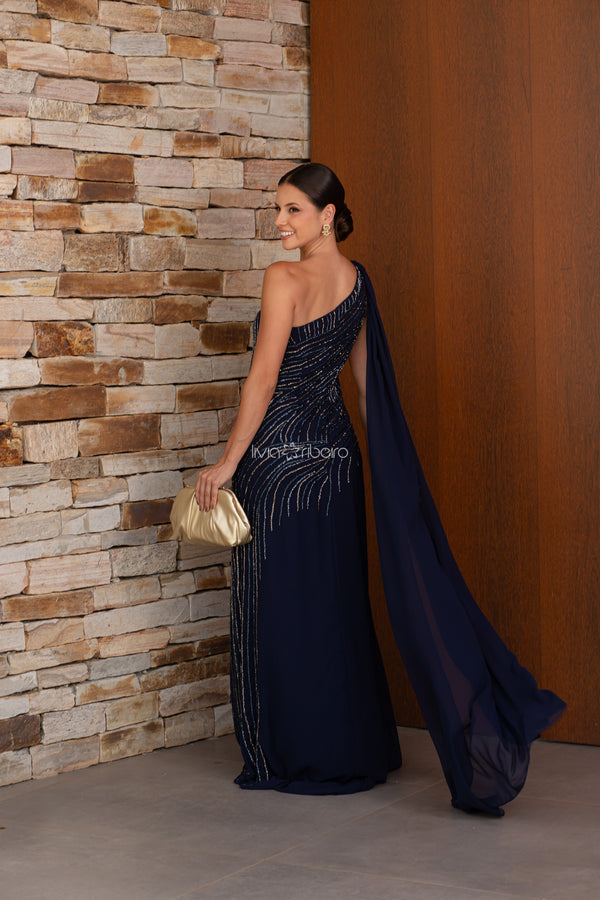 Vestido sereia um ombro em crepe de seda todo bordado (DISPONÍVEL EM 60 DIAS ÚTEIS)