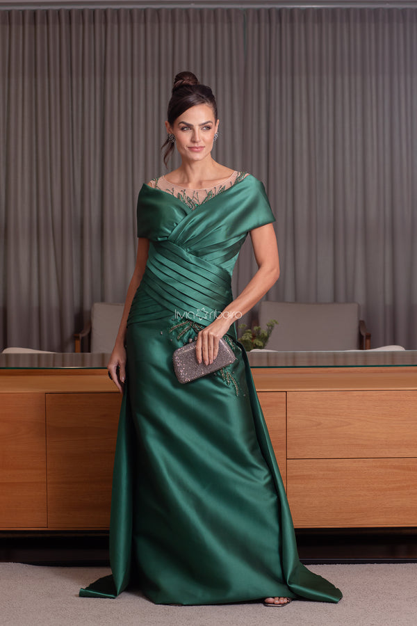 Vestido em zibeline com sobreposição de saia ombro a ombro bordado