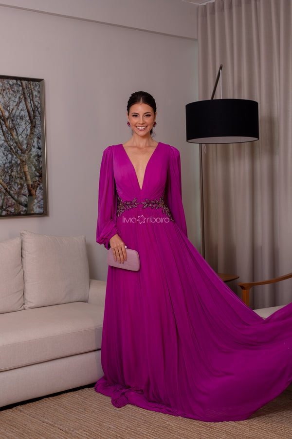 Vestido Lívia Ribeiro manga longa e bordado flores na cintura (DISPONÍVEL EM 30 DIAS)