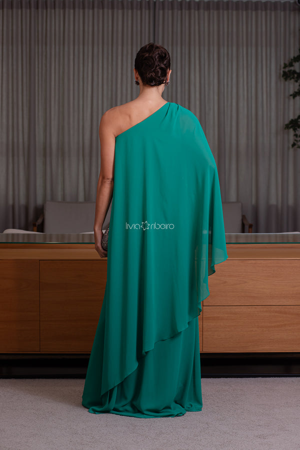 Vestido em crepe de seda estilo grego com capa bordado cintura