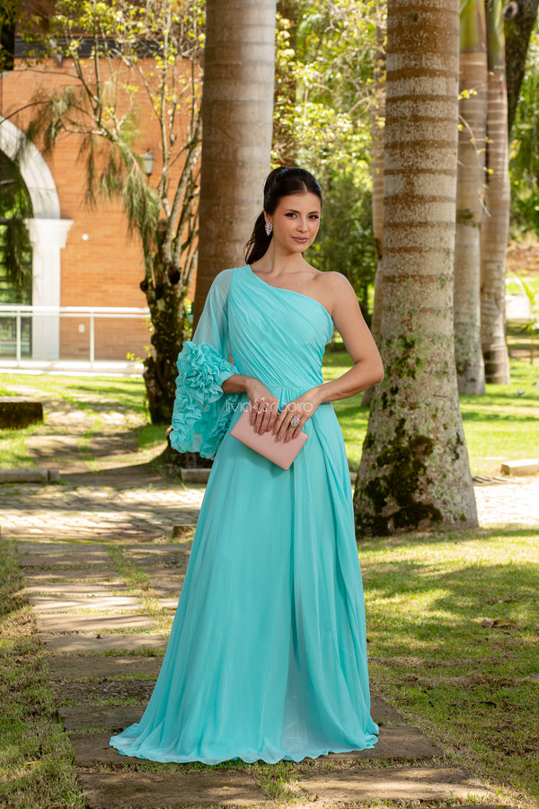 Vestido longo um ombro com manga flare e babados na ponta | Lívia Ribeiro